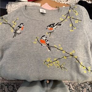 CAbi Gray Sweater with Bird and Branch Embroidery
